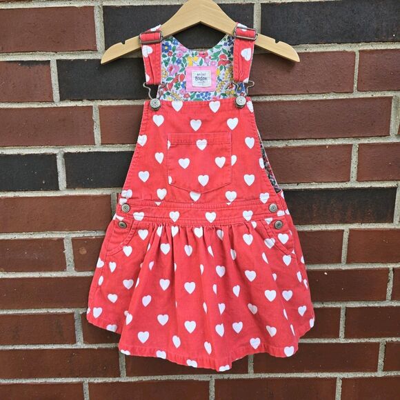 Mini Boden - Dungaree Corduroy Red Heart Print Kids Overall Dress - Size 4/5 - Picture 1 of 5
